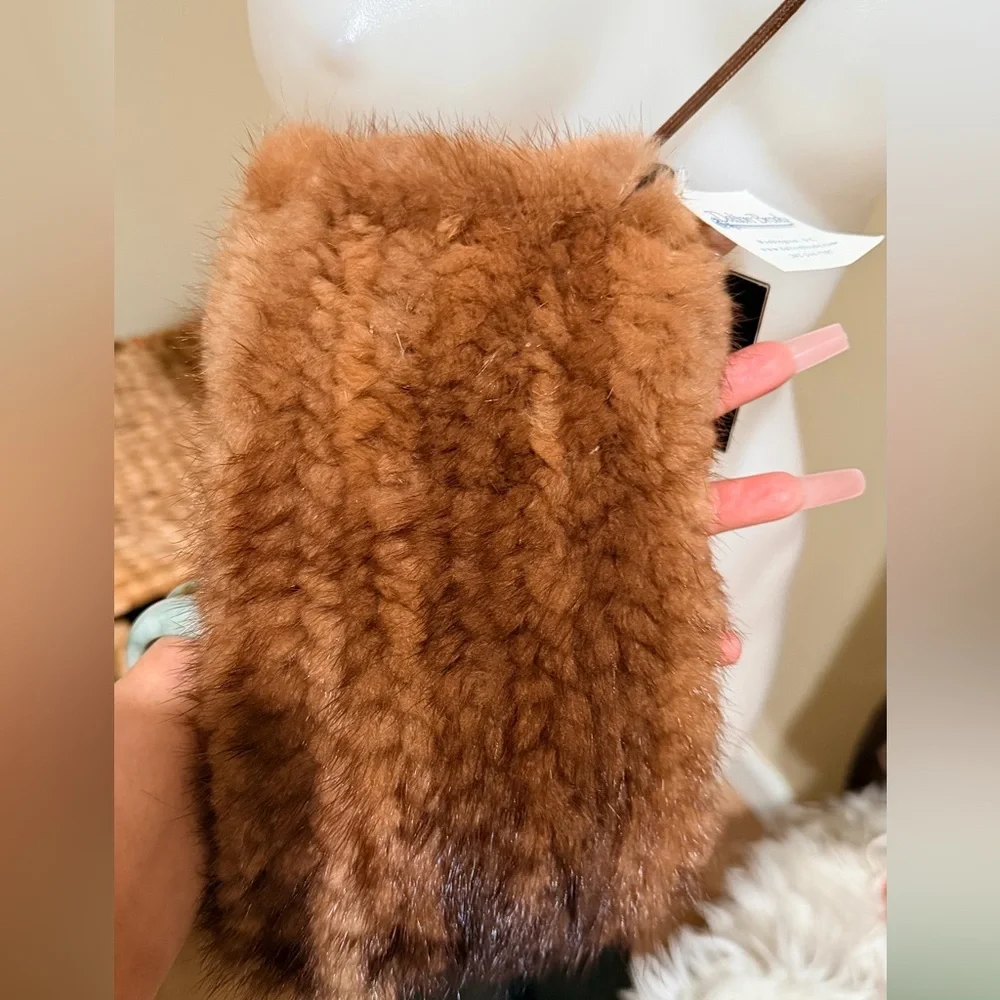 Y2K Real Mink Fur Mini Crossbody Bag Brown Glam Luxe NWT